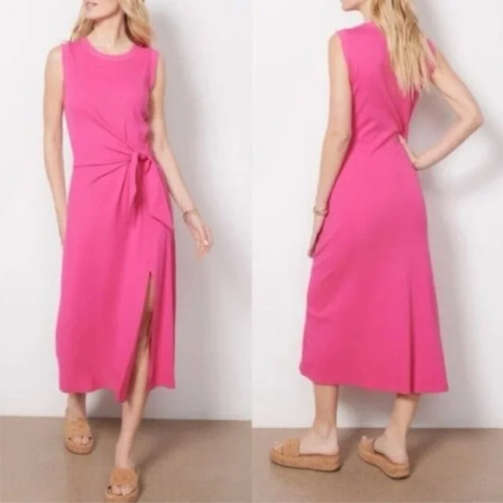 Evereve Aster Tank Midi Dress Hot Pink Stretch Rib Knit Women’s Medium Waist Tie